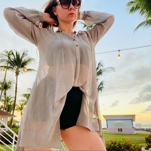 Club Monaco 100% Silk Dress Duster Grey Allover Top Statement Sleeves Blouse